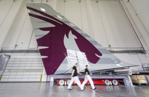 Photo from Airbus. Press Release: The vertical tail section for the first A380 for Qatar Airways has been painted with the airline"s trademark oryx logo at Airbus facilities in Hamburg. The painting was completed earlier this week and the assembly of the airline"s first A380 is set to begin this month, for delivery in early 2014. The distinctive Qatar Airways logo is comprised of a violet oryx with silver streaks and the paint was applied over a period of 10 days. Qatar Airways will become the eleventh operator of the A380 when it takes delivery of its first aircraft in 2014. The airline has firm orders for ten A380s and will operate the aircraft on its most premier routes.