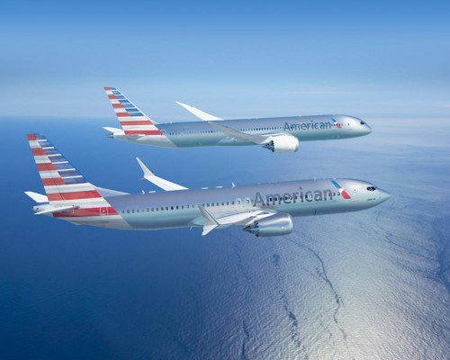 Mock up of Boeing 787-8 Dreamliner and 737-8 MAX in new American Livery. Image from American.