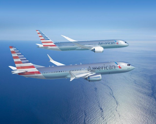 Mock up of Boeing 787-8 Dreamliner and 737-8 MAX in new American Livery. Image from American. 