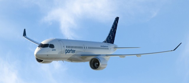 Bombardier CS100 see in Porter Airways livery. 