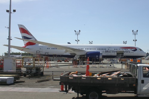 British Airways Boeing 787 Dreamliner in full livery seen at Paine Field earlier today. Photo by Brandon Farris.