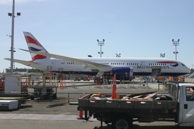 British Airways Boeing 787 Dreamliner in full livery seen at Paine Field earlier today. Photo by Brandon Farris. 