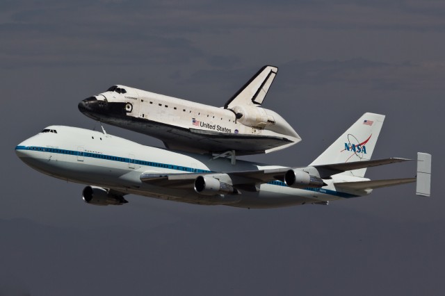The Shuttle Endeavour rides to Los Angeles about a specially modified NASA 747