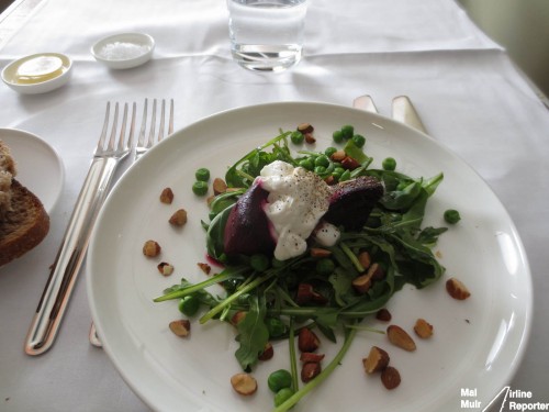 Roasted Beetroot Salad with Goats Curd, Rocket, Peas, Toasted Almonds & Balsamic Vinaigrette.