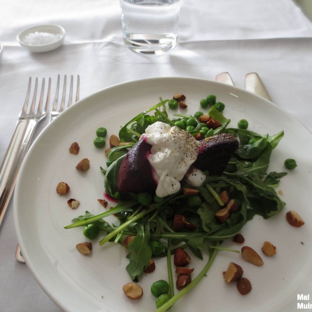 Roasted Beetroot Salad with Goats Curd, Rocket, Peas, Toasted Almonds & Balsamic Vinaigrette.