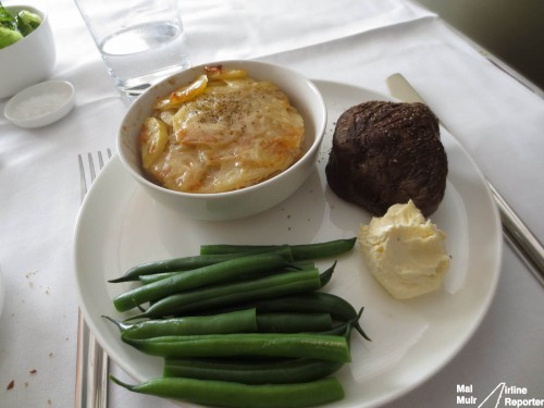 Rockpool Bar & Grill Style Seared beef Fillet with Green Beans, Potato & Cabbage Gratin and Horseradish Cream for lunch