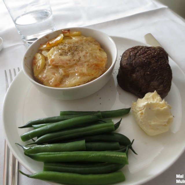 Rockpool Bar & Grill Style Seared beef Fillet with Green Beans, Potato & Cabbage Gratin and Horseradish Cream for lunch