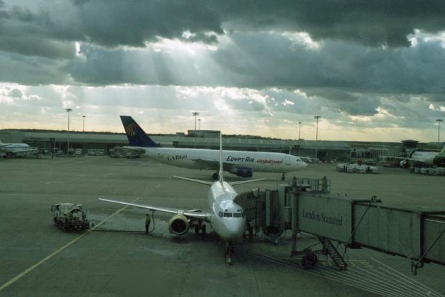 View from inside the terminal at London Stansted International Airport, Feb. 1999. Photo by Hunter Desportes.
