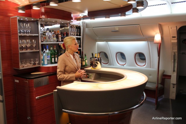 Part-time Emirates Trainer and Senior Flight Stewardess Lisa Williamson works the bar in the Airbus A380 trainer.