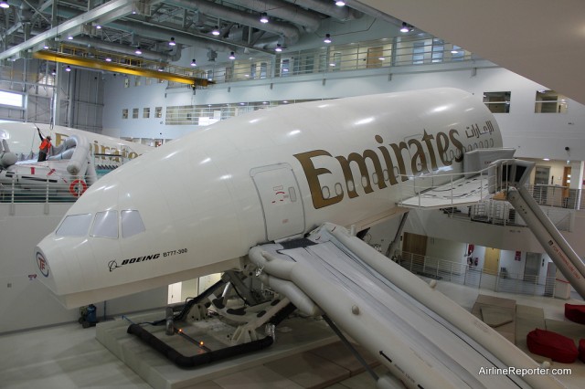 Emirates Boeing 777 safety trainer is able to move on three axis, providing realistic scenarios inside the cabin.  