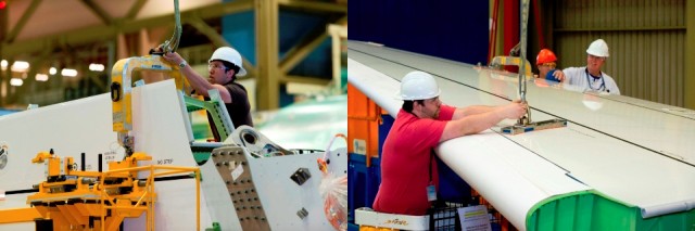 Boeing employees work on the first 787-9 horizontal stabilizer. Photo by Matthew Thompson / Boeing. 