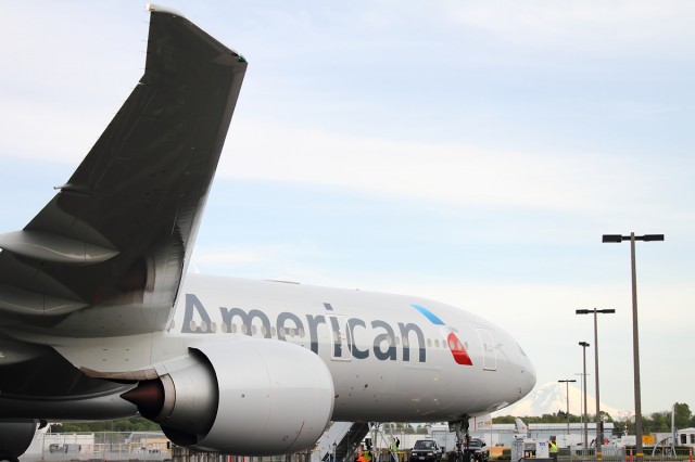 American Airline's sixth Boeing 777-300ER, sitting at Boeing Field. Photo by Brandon Farris. 
