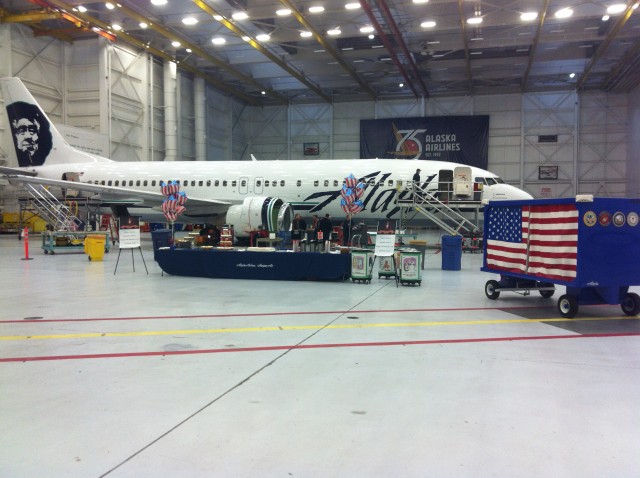 iPhone photo I was able to take of an Alaska Airlines Boeing 737 and the fallen soldier baggage cart at the airline's maintenance facility in Seattle. 