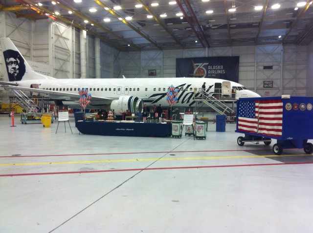 iPhone photo I was able to take of an Alaska Airlines Boeing 737 and the fallen soldier baggage cart at the airline's maintenance facility in Seattle.