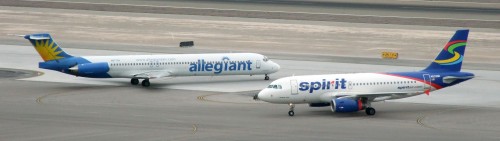 Allegiant MD-80 and Spirit Airbus A319 hanging out in Las Vegas. Photo by Joe (JX).