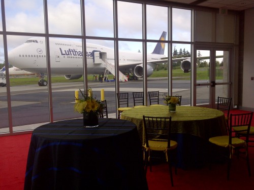 Lufthansa's first Boeing 747-8I, taken from the Future of Flight's new flightline room. Photo by Sandy Ward / Future of Flight.