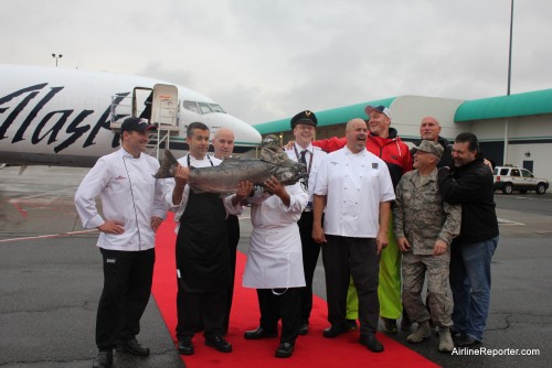 The first Copper River salmon comes of the Alaska Airlines 737 Combi. Photo by Shannon Leigh Kehoe / AirlineReporter.com