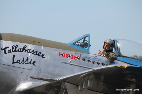 A P-47D Thunderbolt, belonging to the Flying Heritage Collection, returns after flying.