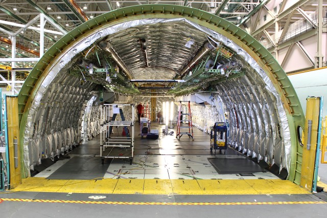 Inside of a Boeing 777 on the factory floor. Photo by Brandon Farris. 