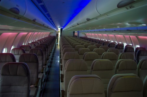 The LED lighting in economy on Fiji Airways Airbus A330.
