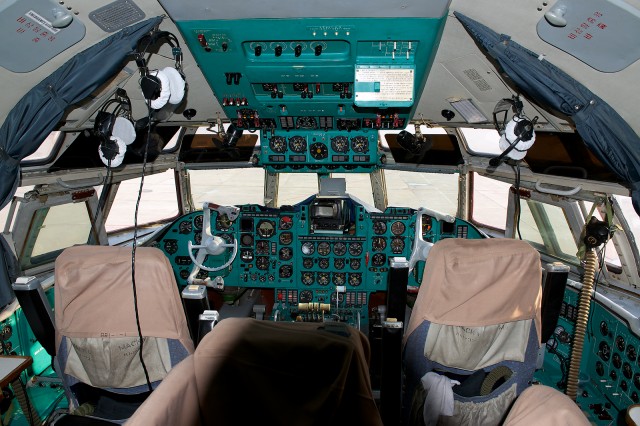 The flight deck on the Air Koryo IL-62. Photo by Bernie Leighton.