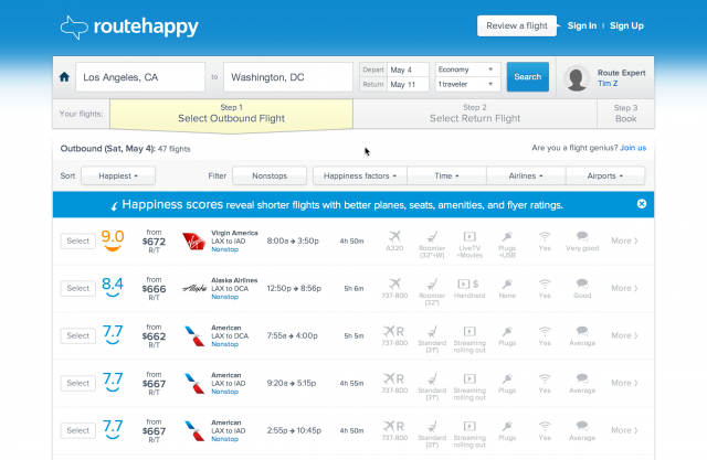 Just what is displayed when you look for some flights on RouteHappy - Image: RouteHappy