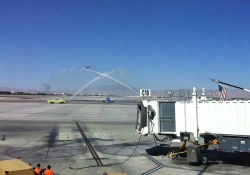 The group of Wounded Warriors received a water cannon salute when arriving at Las Vegas. Photo from Southwest Airlines.