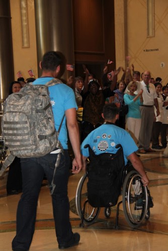 The wounded warriors were greeted by a warm welcome when arriving to the hotel. Photo by Harry Brown / AirlineReporter.com.