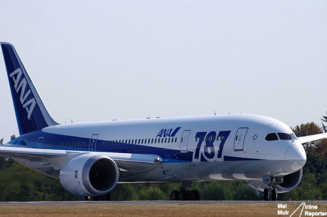 An ANA 787 at the Boeing Everett Factory, prior to a test flight - Photo: Mal Muir | AirlineReporter.com