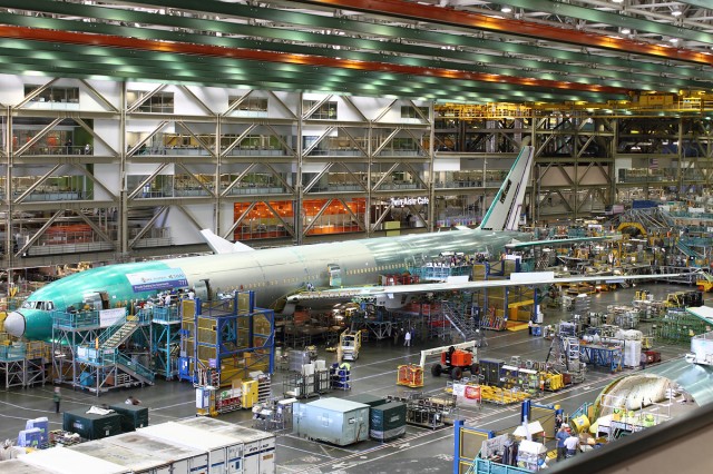 A Boeing 777-300ER on the factory floor. This one is for Thai Airways. Photo by Brandon Farris. 