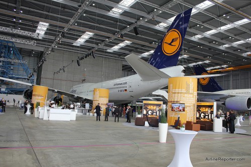 There was a Boeing 747-8I, an Airbus A380 and different things set up to teach us about Lufthansa.