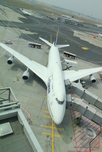 A Lufthansa Boeing 747-400 from above.