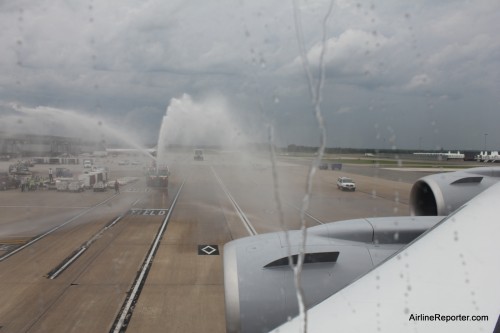 It is rare to get two water canon salutes, but FRA gave us one leaving and this is IAD's one to us when we arrived.