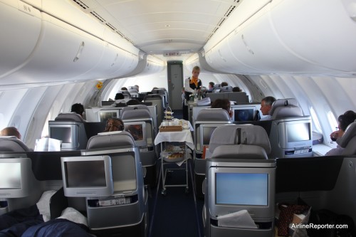 The upper deck of Lufthansa's Boeing 747-8 Intercontinental.