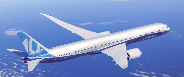 The Boeing 787-10 seen in Dreamliner livery. Composite image from Boeing. 