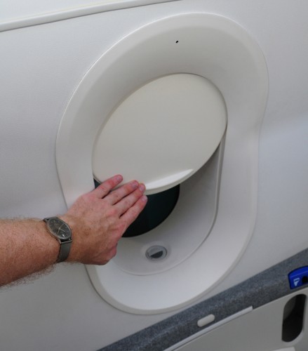 One of the lavatories has a window shade in ANA's 787 Dreamliner.