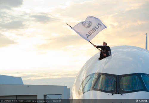 The Airbus A350 prepares for its first flight with a little flag waving. Image from Airbus.