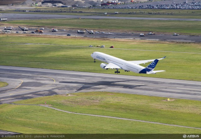 The first Airbus A350 lifts off. Photo from Airbus. 