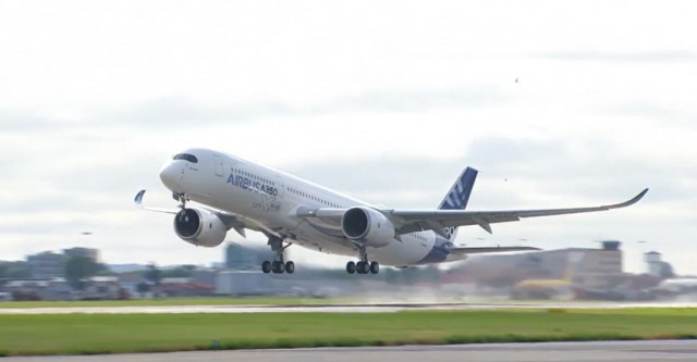 Screen shot of the Airbus' live feed showing the A350 lifting off.