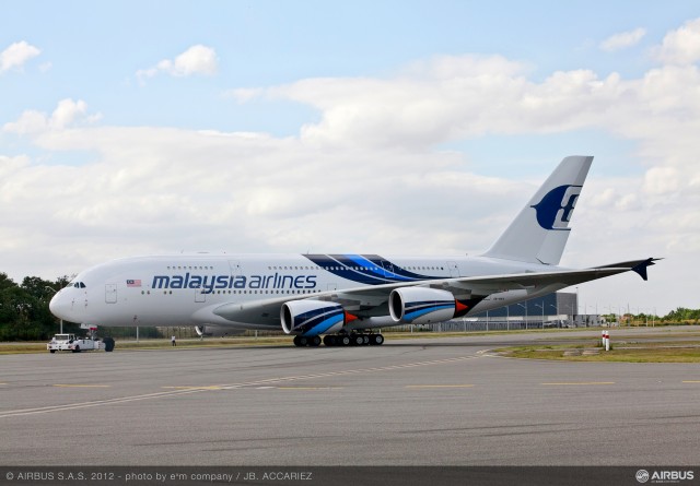 The first A380 for Malaysia Airlines (MAS) was unveiled today bearing its special celebration livery, ahead of entry-into-service next week on the Kuala Lumpur-London route. Image from Airbus. 