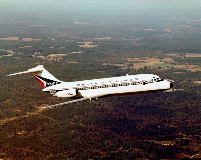 DC-9 "Delta Prince" in flight over wooded area, taken in the 1960's. Image courtesey of Delta Air Lines. 