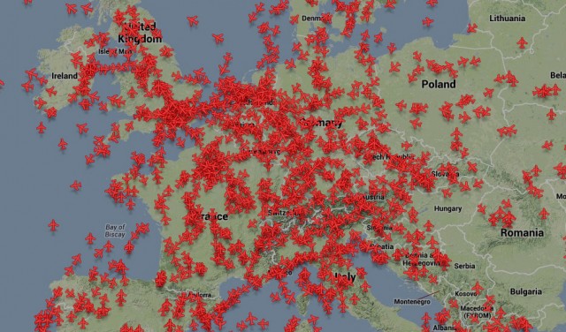 Many aircraft are flying over Europe at any given time. Image from PlaneFinder.net / Google Maps.