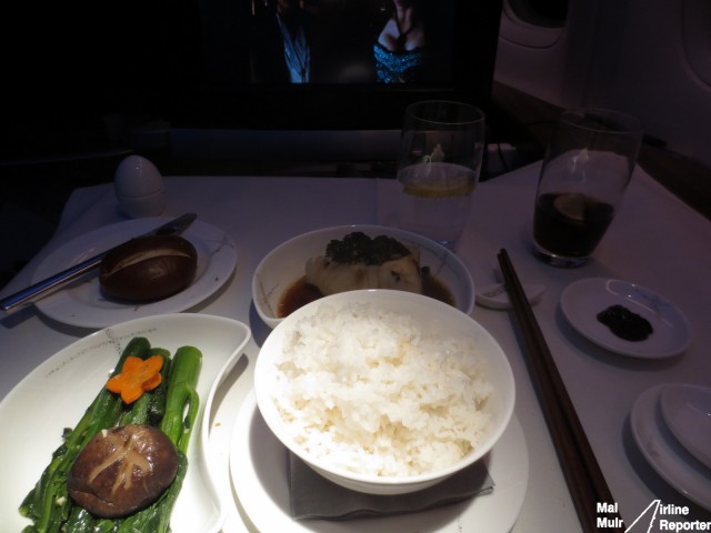 Steamed Sea Bass with Chinese Preserved Olives, an extremely tasty first class meal - Photo: Mal Muir | AirlineReporter.com