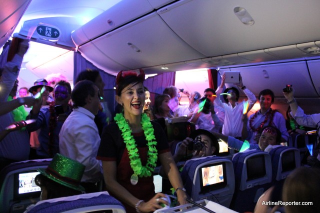 A party erupts during LAN's first 787 delivery flight. 