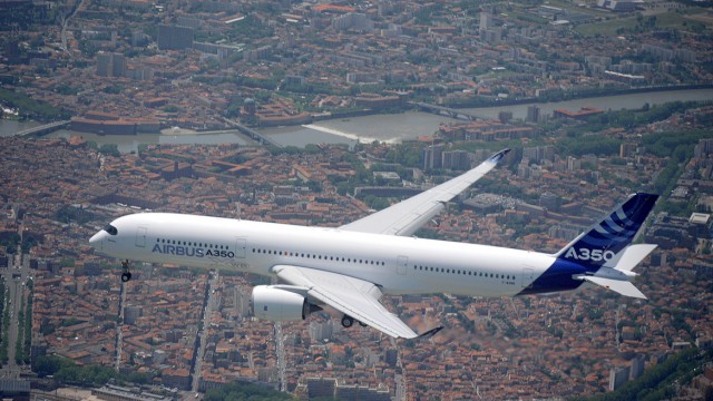 The Airbus A350 (MSN001) during its first flight. Image from Airbus. 