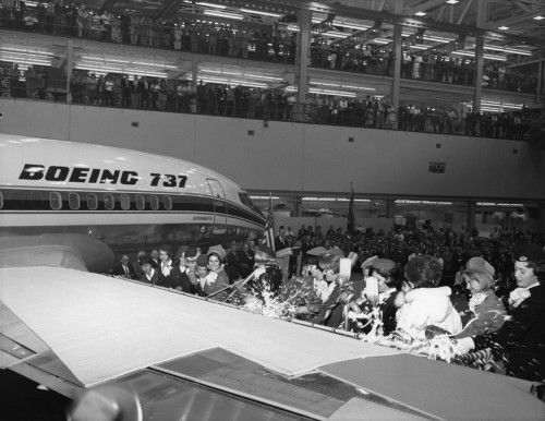 The original Boeing 737 prototype is given a champagne christening during the January 17, 1967 roll out event by flight attendants representing the aircraft"s customers. Image courtesy: Boeing