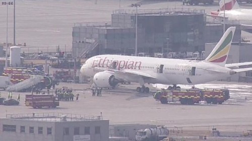 View of the Ethiopian Boeing 787 Dreamliner at Heathrow via BBC News.