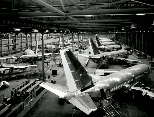 The original Boeing 737 assembly line at Boeing Field"s Thompson facility in the late 1960s before production moved to Renton. Image Courtesy: Boeing