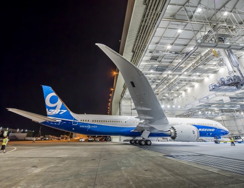 The first Boeing 787-9 Dreamliner rolls out of the paint hangar late last night. Photo from Boeing.