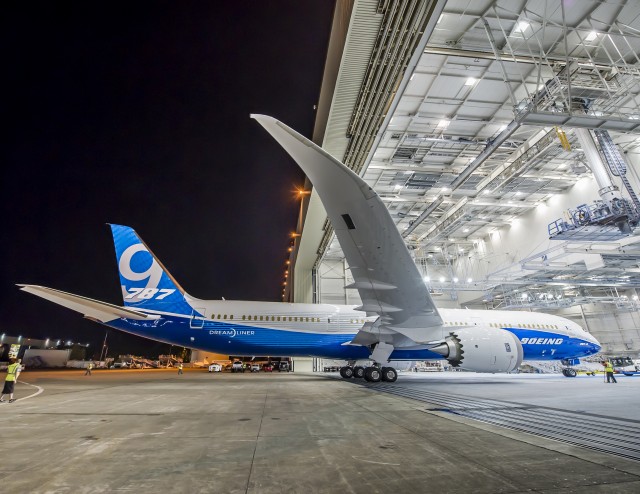 The first Boeing 787-9 Dreamliner rolls out of the paint hangar late last night. Photo from Boeing. 